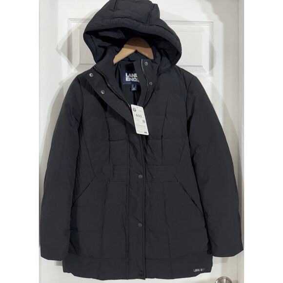 NEW Lands End Women's Quilted Down Hooded Black Coat 600 Fill Power 80/20 NWT S - Picture 1 of 3